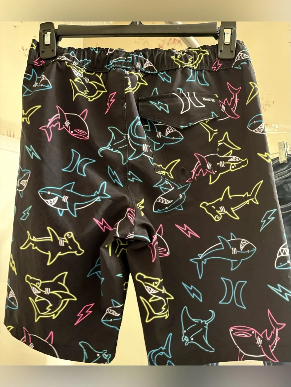 Hurley Black Swim Shorts with Neon Shark Pattern